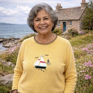 Vintage Women's Knit Sweater Light Yellow Sailboat Nautical Long Sleeve Size M